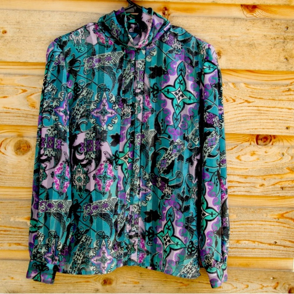 VTG 80s Abstract Secretary High Neck Long Sleeve Multicolor Paisley Blouse. Sz 6
